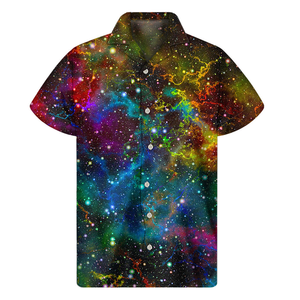 Galactic Vibes: Hawaiian Short Sleeve Shirt for Men with Abstract Colorful Galaxy Space Print - 1