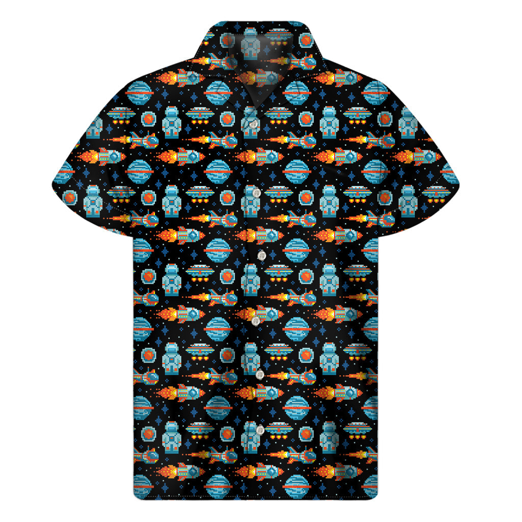 Galactic Aloha: Men's Hawaiian Short Sleeve Shirt with Astronaut and Space Pixel Pattern Print - 1