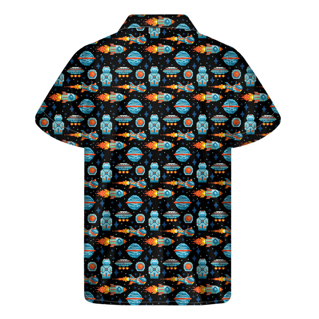 Galactic Aloha: Men's Hawaiian Short Sleeve Shirt with Astronaut and Space Pixel Pattern Print - 2