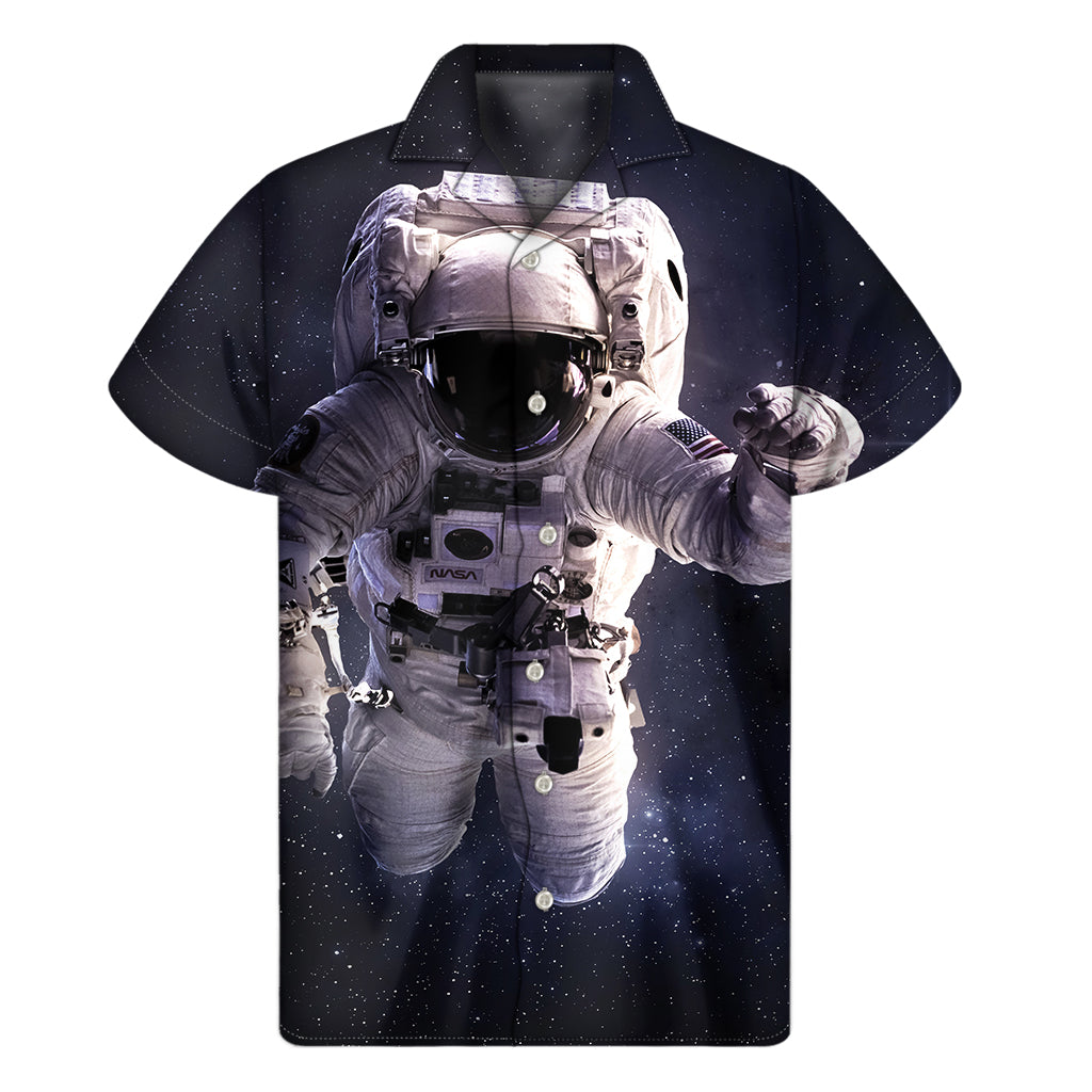 Galactic Luau: Men's Hawaiian Short Sleeve Shirt with Astronaut Floating in Outer Space Print - 1