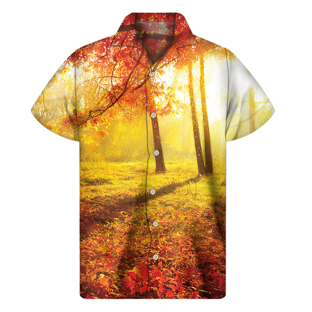Tropical Breeze: Men's Hawaiian Short Sleeve Shirt with Autumn Trees Print - 1