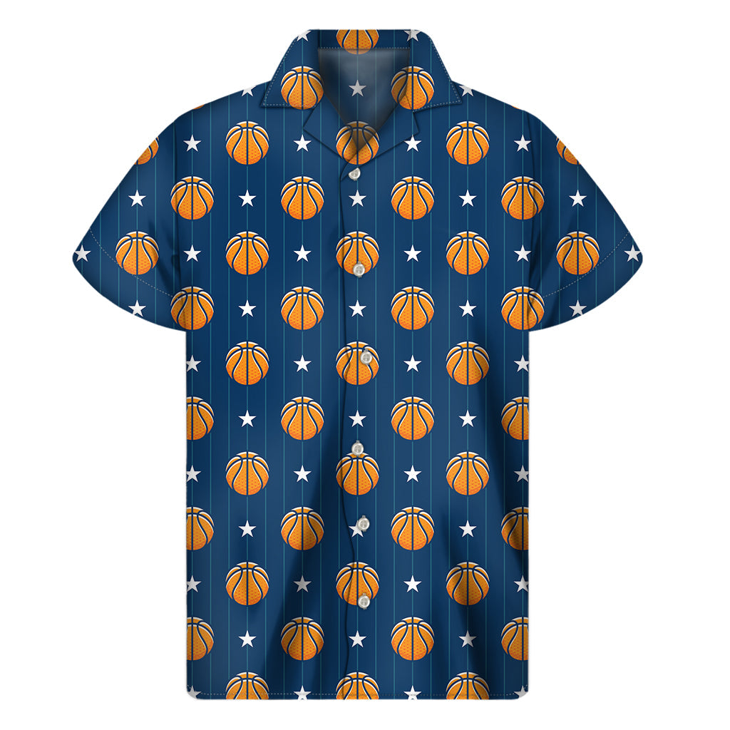 Hawaiian Hoops: Basketball and Star Pattern Print Short Sleeve Shirt - 1