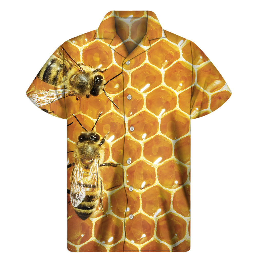 Buzzing in Style: Bees and Honeycomb Print Hawaiian Short Sleeve Shirt - 1