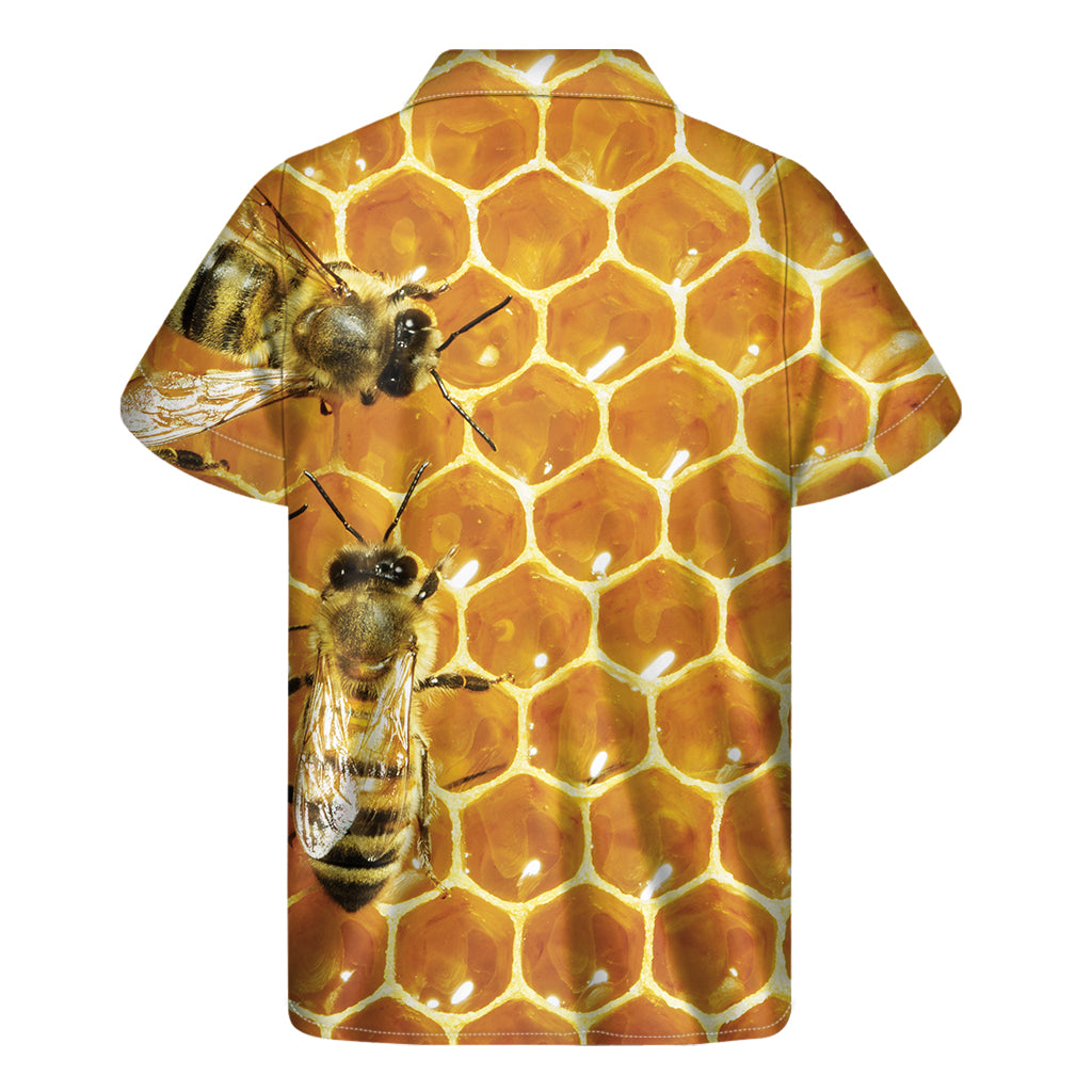 Buzzing in Style: Bees and Honeycomb Print Hawaiian Short Sleeve Shirt - 2