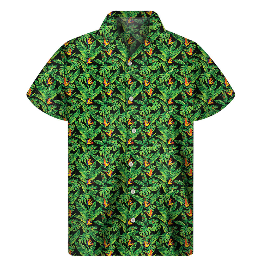 Island Vibes: Men's Hawaiian Bird of Paradise and Palm Leaves Short Sleeve Shirt - 1