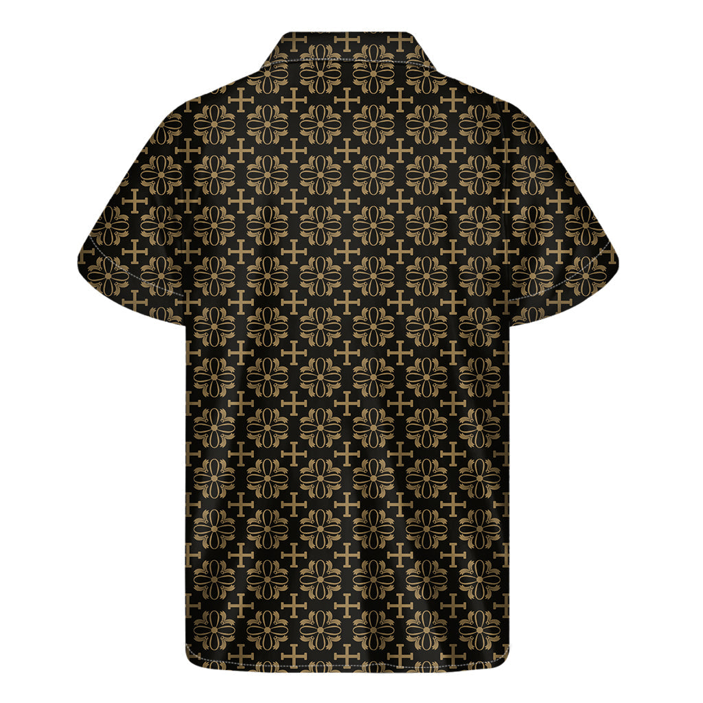 Island Vibes: Black and Beige Orthodox Pattern Hawaiian Short Sleeve Shirt - 2