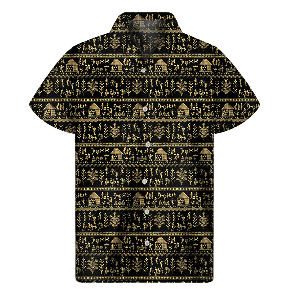 Warli Pattern Hawaiian Shirt in Black and Gold - 1
