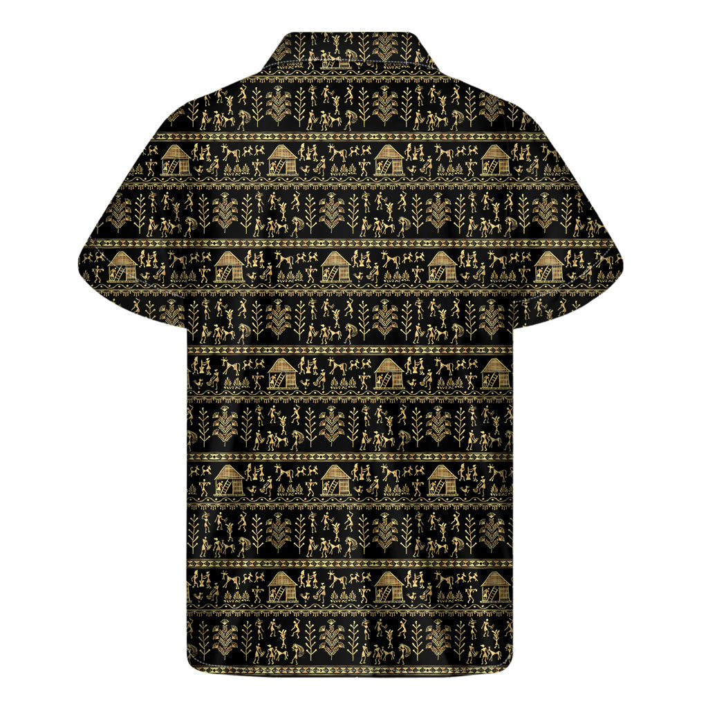 Warli Pattern Hawaiian Shirt in Black and Gold - 2