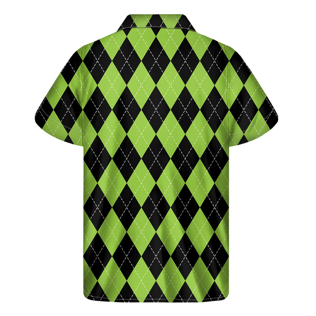 Black and Green Argyle Hawaiian Print Men's Short Sleeve Shirt - 2