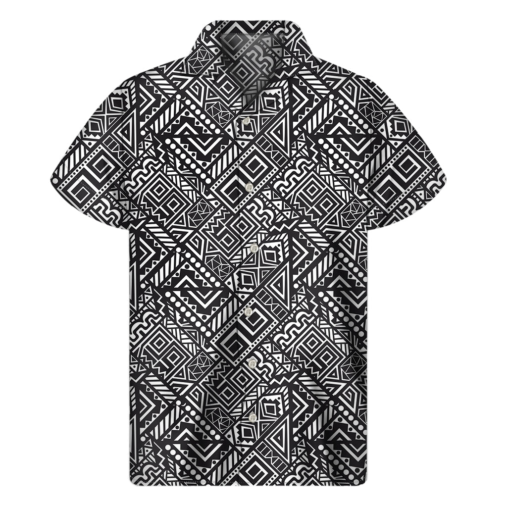 Tropical Vibes: Hawaiian Inspired Short Sleeve Shirt in Black and White African Tribal Print - 1