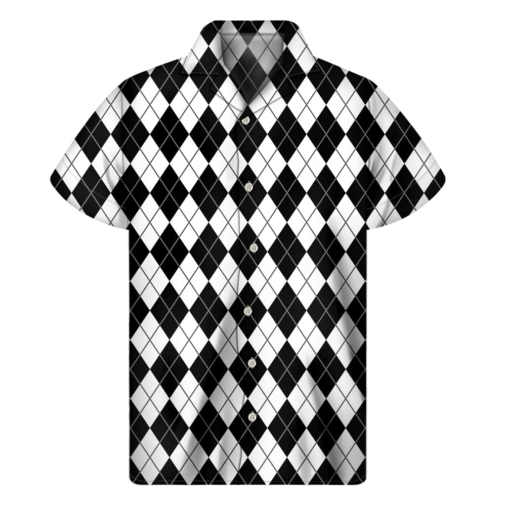 Black and White Hawaiian Argyle Men's Short Sleeve Shirt - 1