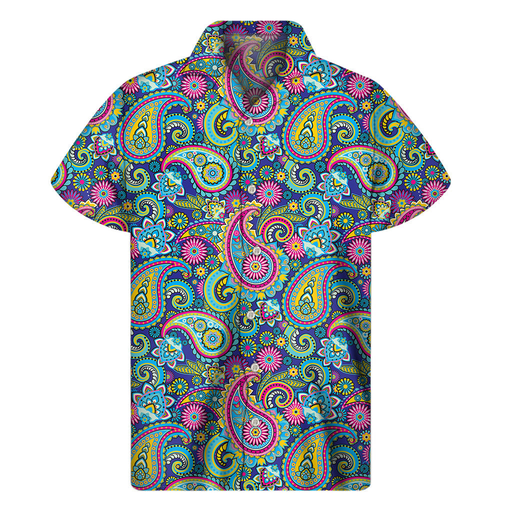 Vibrant Hawaiian Paradise: Men's Colorful Paisley Pattern Short Sleeve Shirt - 1