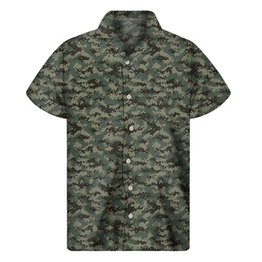 Tropical Vibes: Hawaiian Forest Green Digital Camo Pattern Print Short Sleeve Shirt - 1