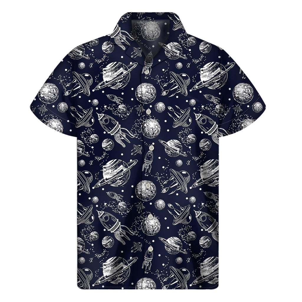 Galactic Aloha: Men's Hawaiian Short Sleeve Shirt with UFO Pattern - 1