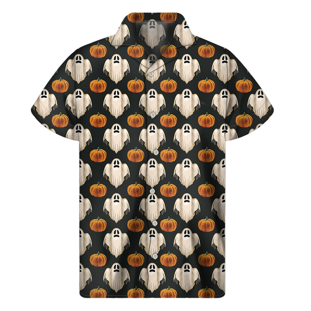 Tropical Treats: Men's Hawaiian Short Sleeve Shirt with Ghost and Pumpkin Print - 1