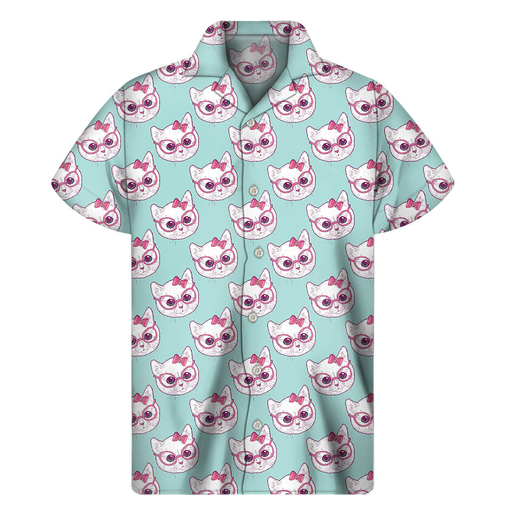 Tropical Meow: Hawaiian Short Sleeve Shirt with Girly Cat and Glasses Pattern - 1