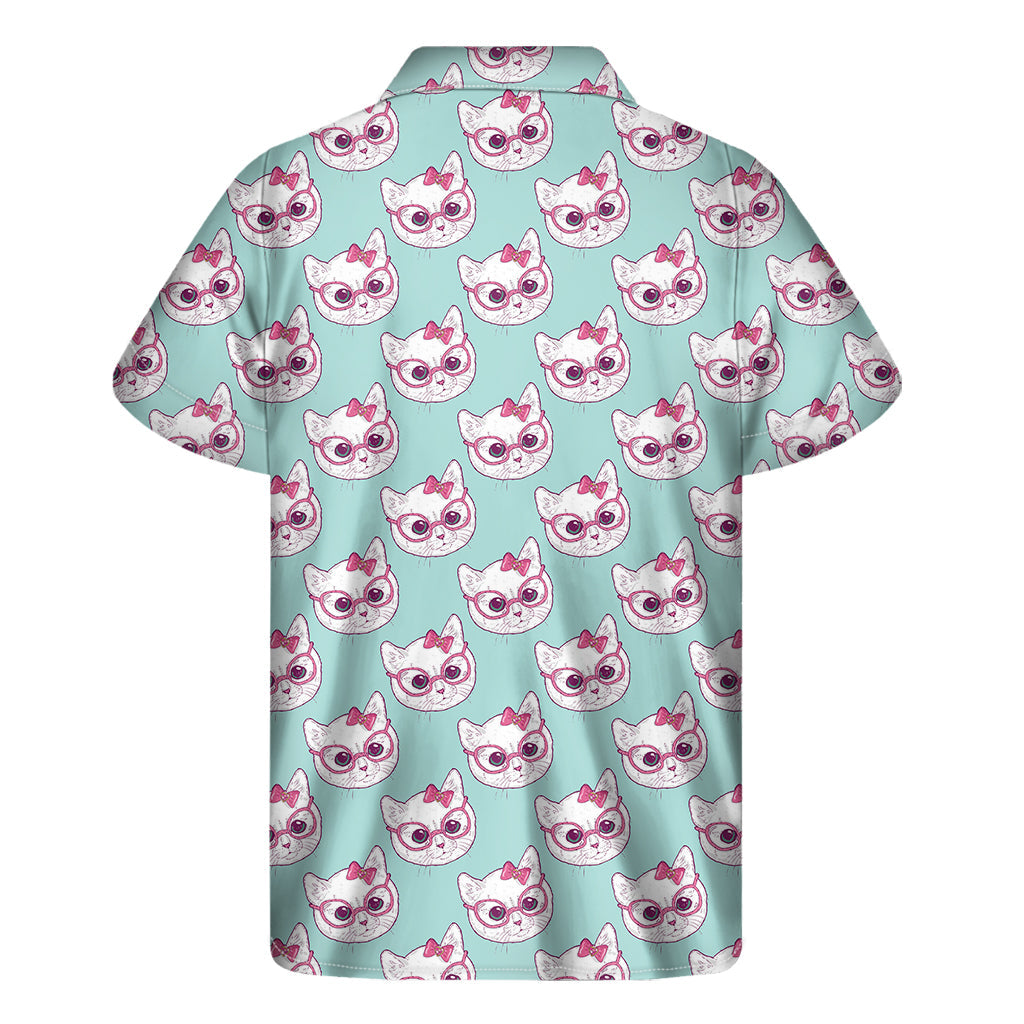 Tropical Meow: Hawaiian Short Sleeve Shirt with Girly Cat and Glasses Pattern - 2