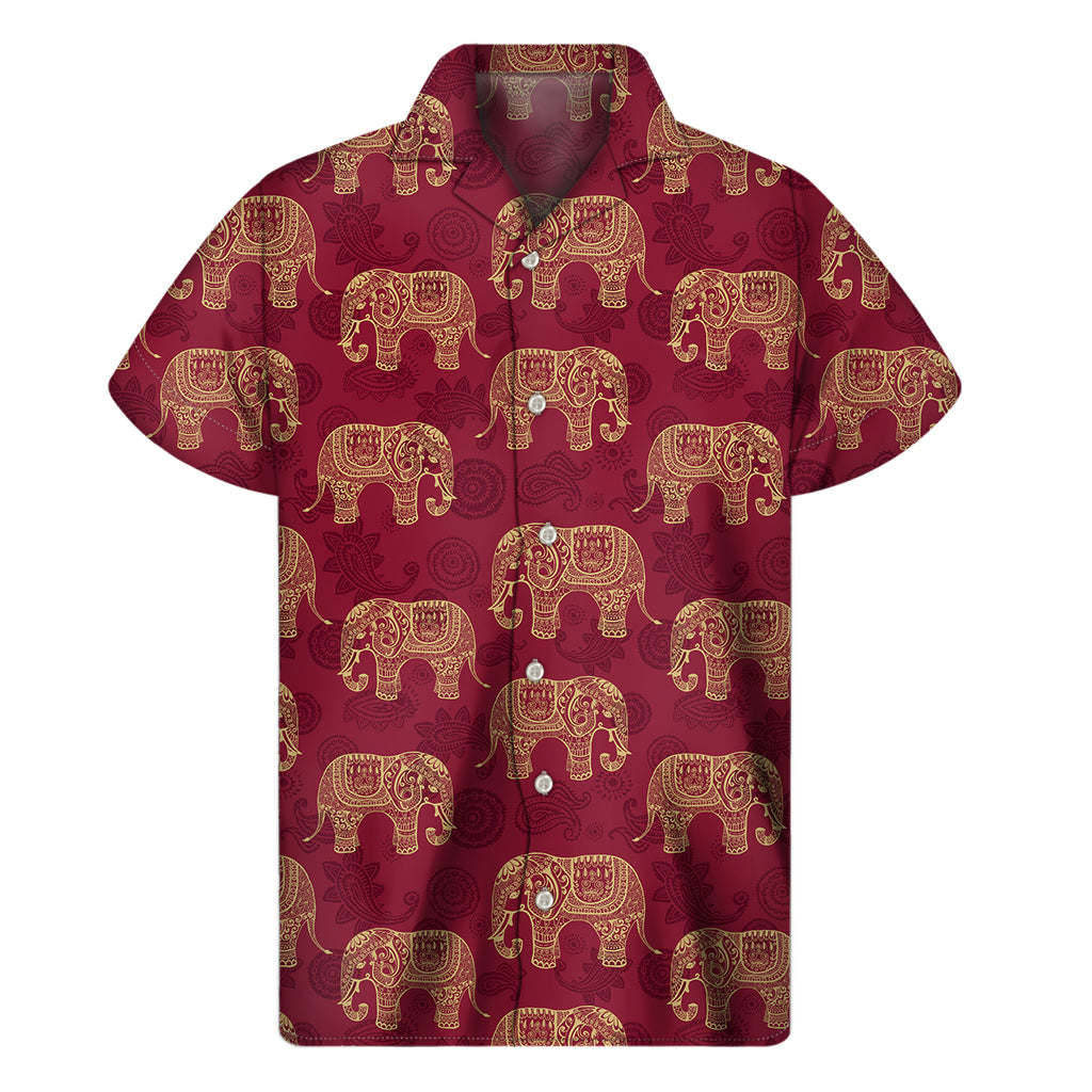 Gold and Red Boho Elephant Hawaiian Short Sleeve Shirt - 1