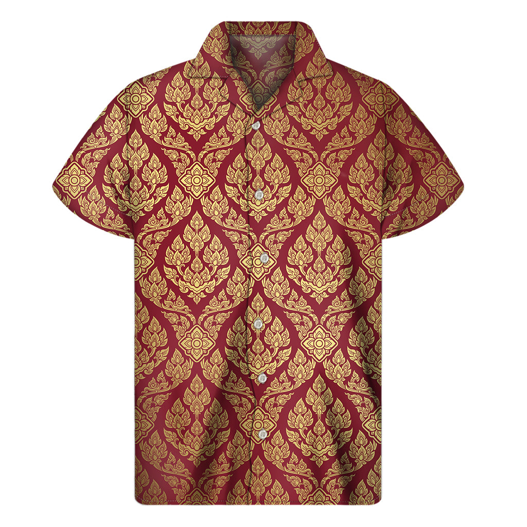 Island Vibes: Gold and Red Hawaiian Pattern Short Sleeve Shirt - 1