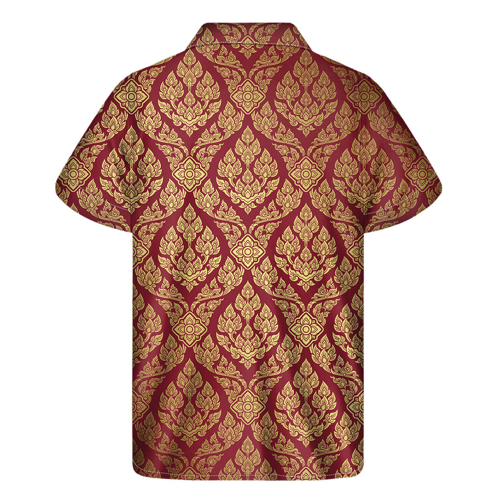 Island Vibes: Gold and Red Hawaiian Pattern Short Sleeve Shirt - 2