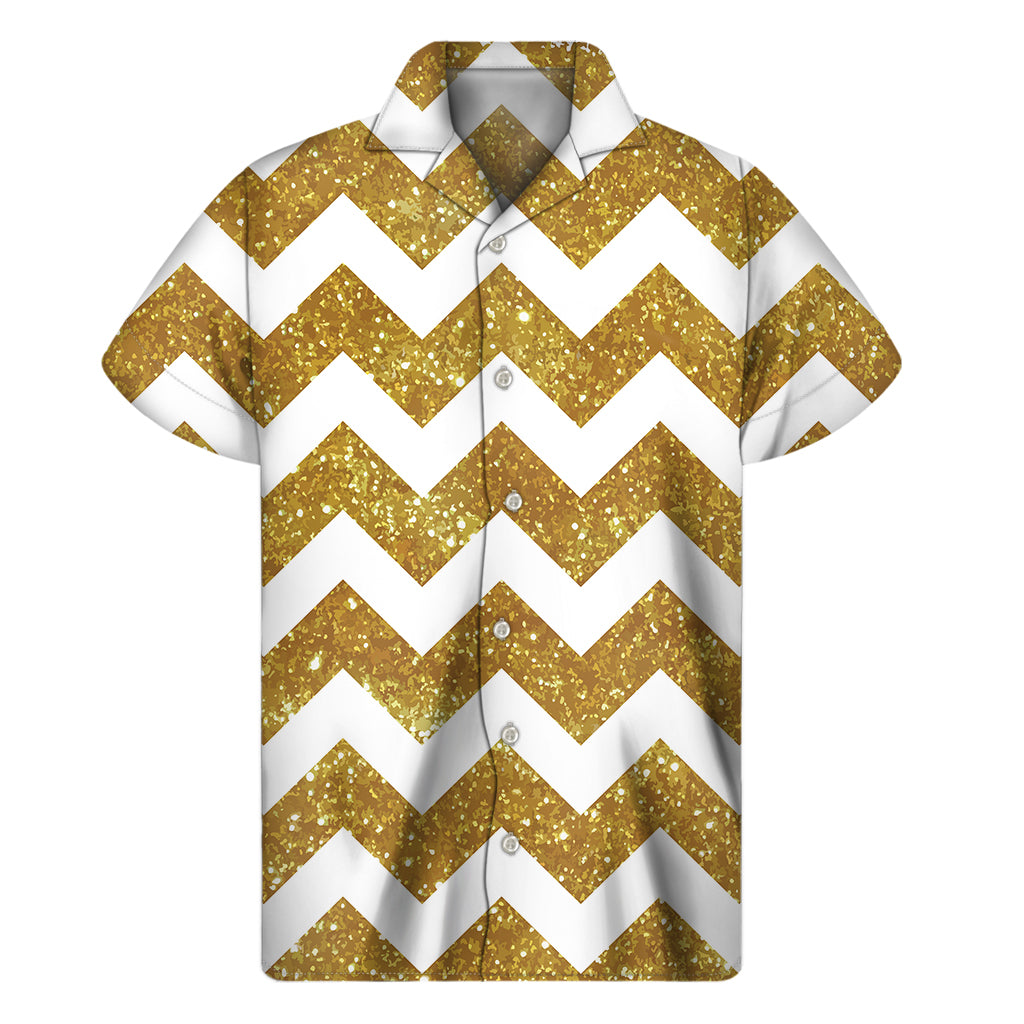 Gold and White Chevron Hawaiian Print Short Sleeve Shirt - 1