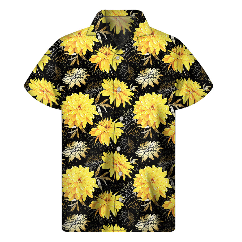 Golden Paradise: Men's Hawaiian Floral Print Short Sleeve Shirt - 1