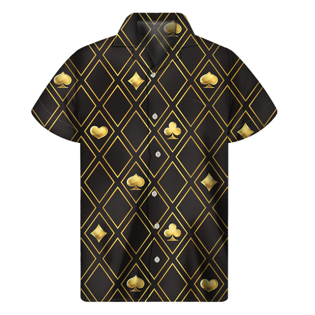 Golden Aloha: Hawaiian Style Short Sleeve Shirt with Playing Card Suits Pattern - 1
