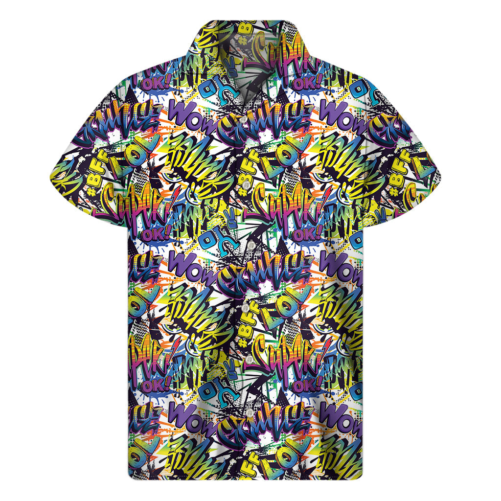 Tropical Vibes: Men's Graffiti Text Pattern Hawaiian Short Sleeve Shirt - 1