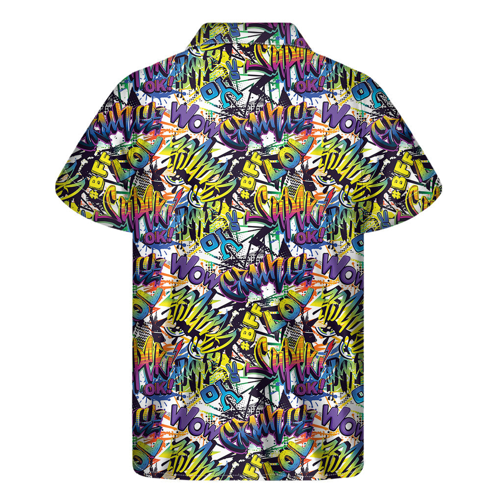 Tropical Vibes: Men's Graffiti Text Pattern Hawaiian Short Sleeve Shirt - 2