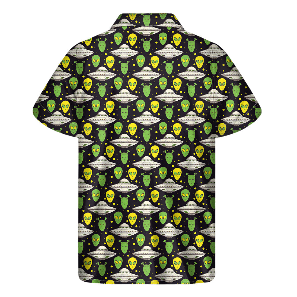 Galactic Aloha: Men's Hawaiian Short Sleeve Shirt with Green Alien UFO Space Print - 2