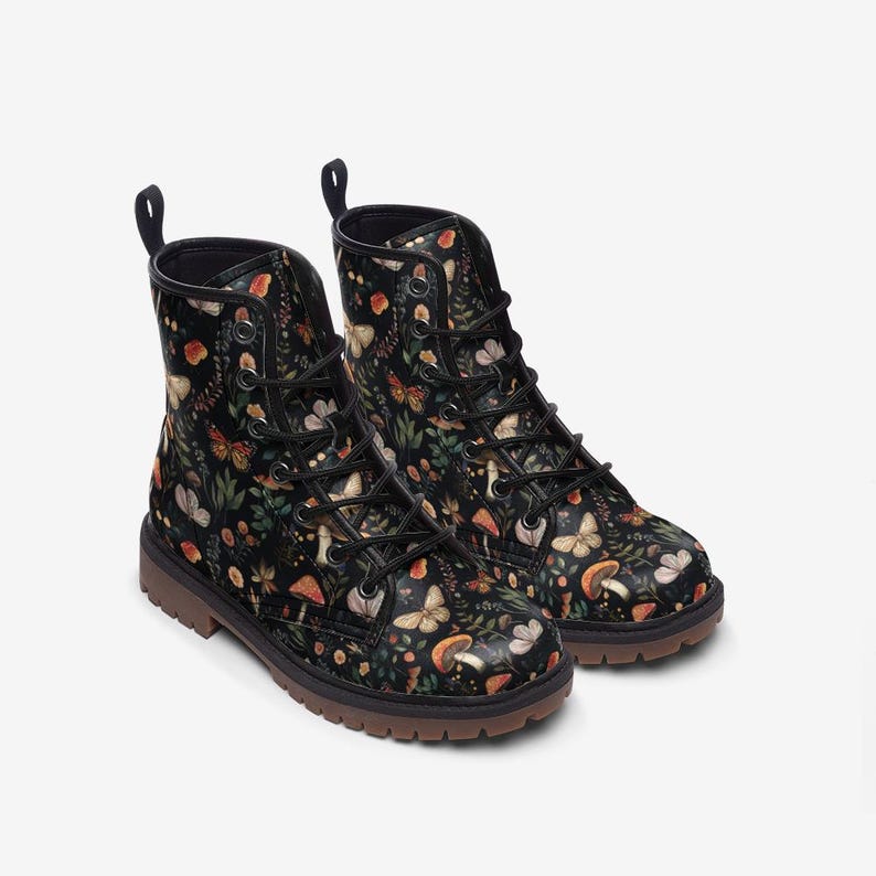 Cottagecore Butterfly Mushroom and Floral Leather Boots
