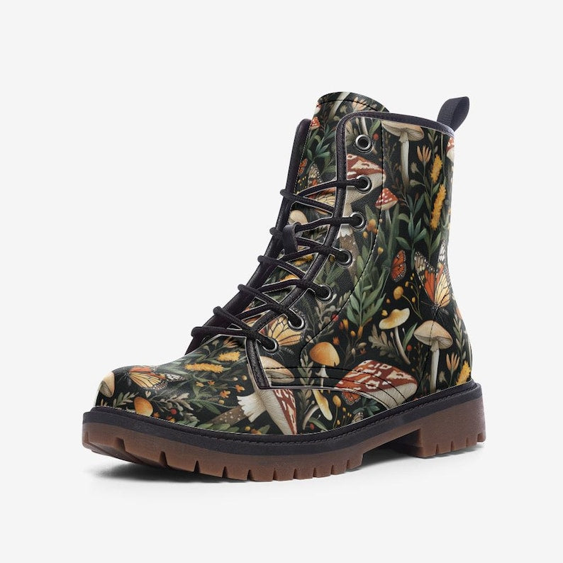 Butterfly Mushroom and Floral Boots Cottagecore Boots Forest Combat Boots Floral Vegan Leather Boots Casual Leather Lightweight boots