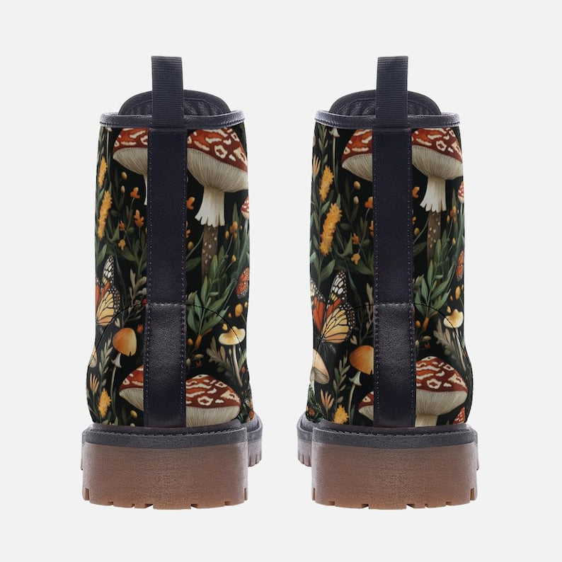 Butterfly Mushroom and Floral Boots Cottagecore Boots Forest Combat Boots Floral Vegan Leather Boots Casual Leather Lightweight boots