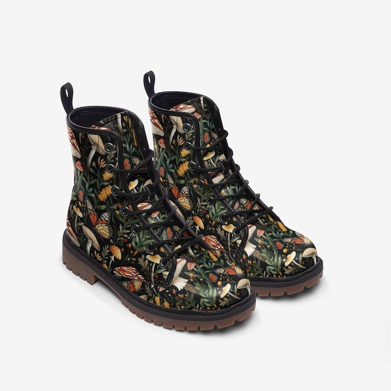 Butterfly Mushroom and Floral Boots Cottagecore Boots Forest Combat Boots Floral Vegan Leather Boots Casual Leather Lightweight boots
