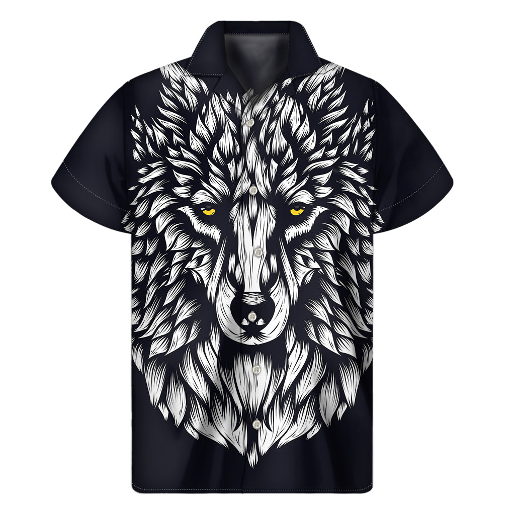 Navy and White Wolf Print Hawaiian Style Short Sleeve Shirt - 1