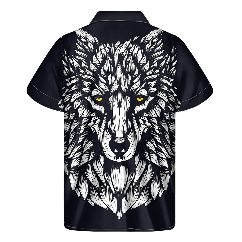 Navy and White Wolf Print Hawaiian Style Short Sleeve Shirt - 2