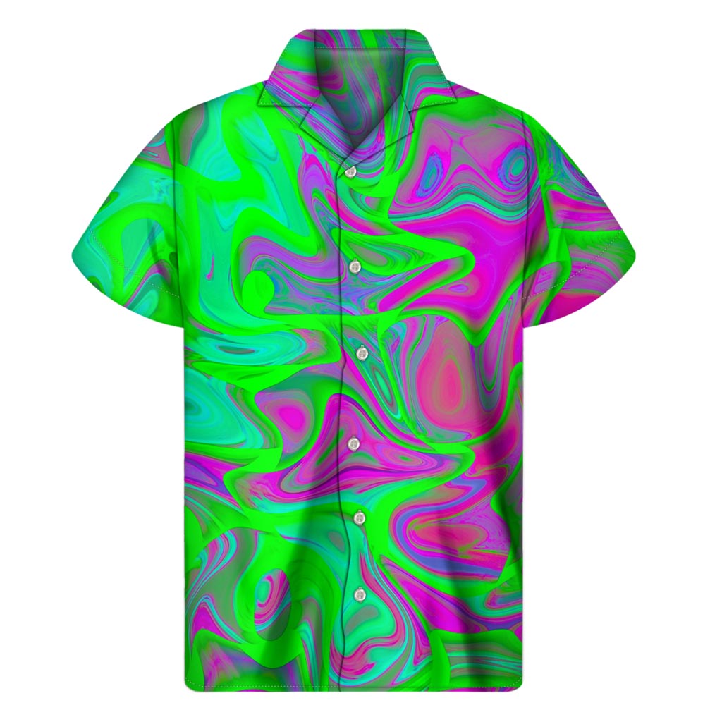 Tropical Vibes: Hawaiian Short Sleeve Shirt in Neon Green Pink Psychedelic Print - 1