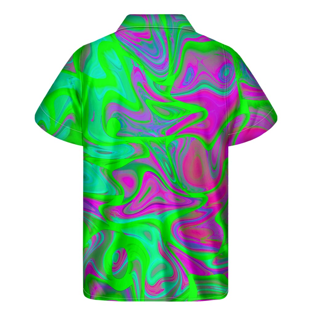 Tropical Vibes: Hawaiian Short Sleeve Shirt in Neon Green Pink Psychedelic Print - 2