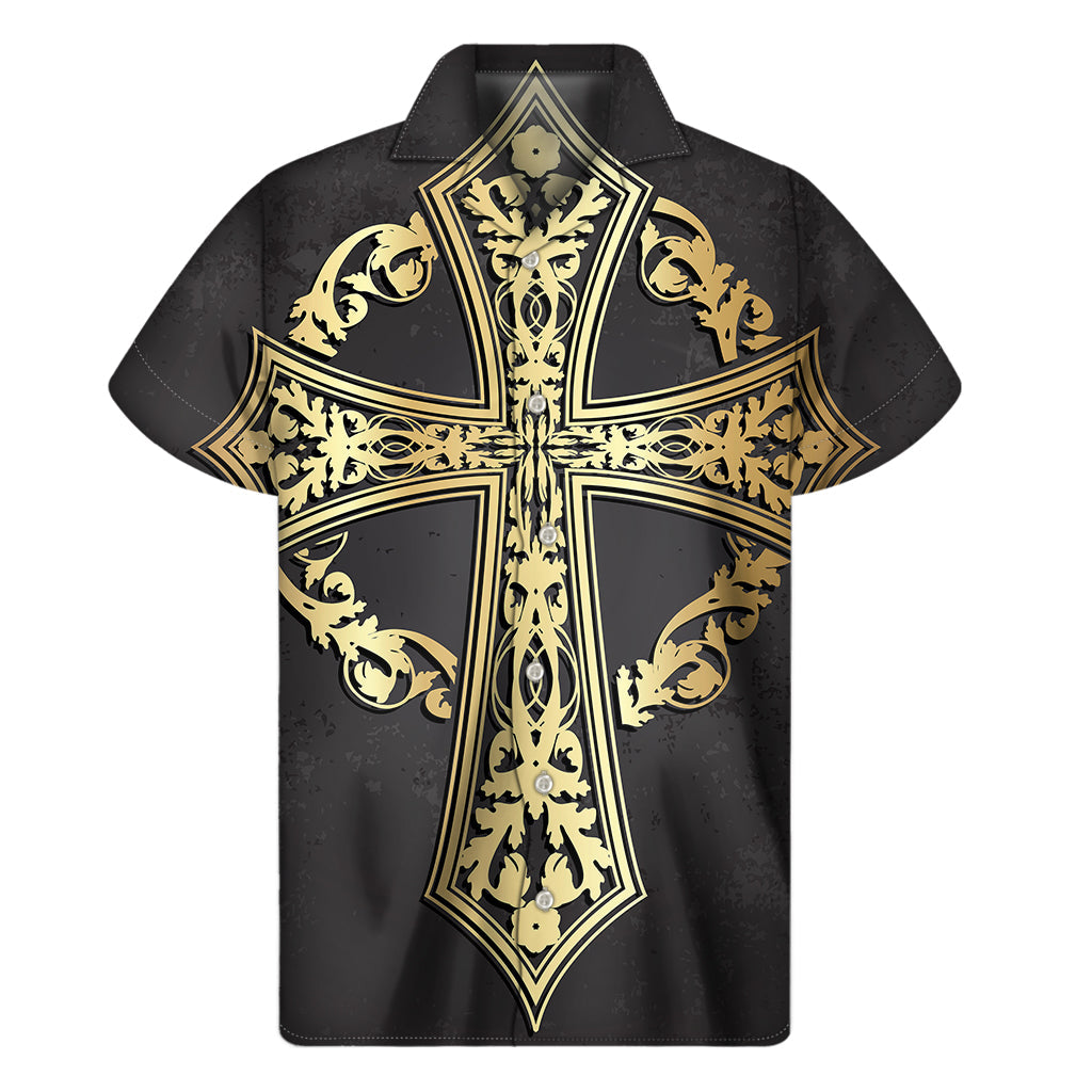 Ornamental Golden Cross Hawaiian Shirt - Embrace Island Style in Short Sleeves - 1