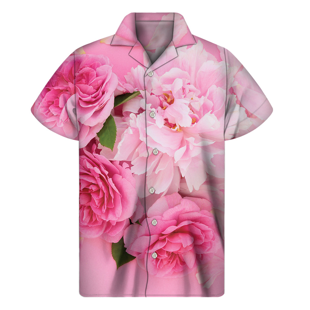 Tropical Paradise: Men's Hawaiian Short Sleeve Shirt with Peony and Rose Print - 1