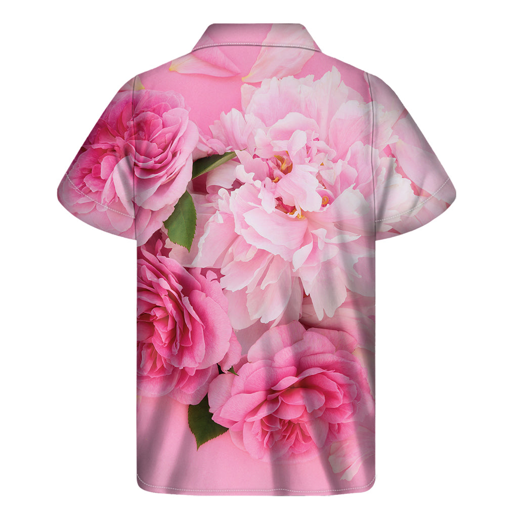 Tropical Paradise: Men's Hawaiian Short Sleeve Shirt with Peony and Rose Print - 2