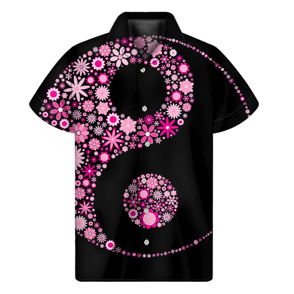 Pink Hawaiian Bliss: Men's Short Sleeve Shirt with Yin-Yang Flowers - 1
