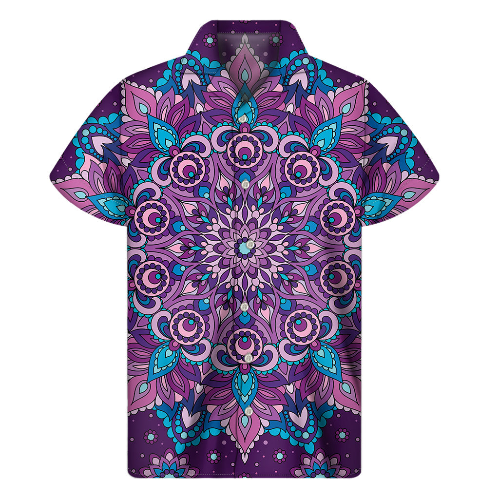 Hawaiian Mandala Print Short Sleeve Shirt in Purple and Blue - 1