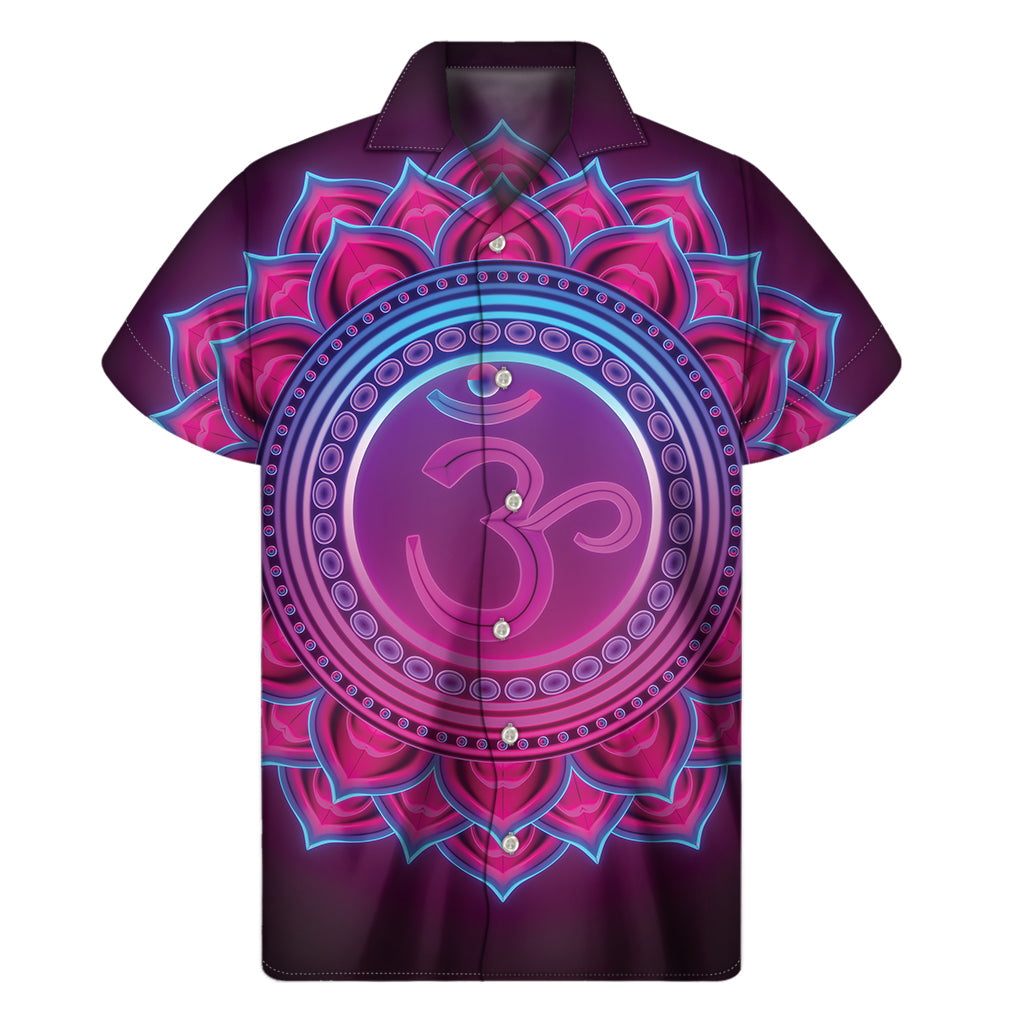 Purple and Teal Om Mandala Print Hawaiian Short Sleeve Shirt - 1