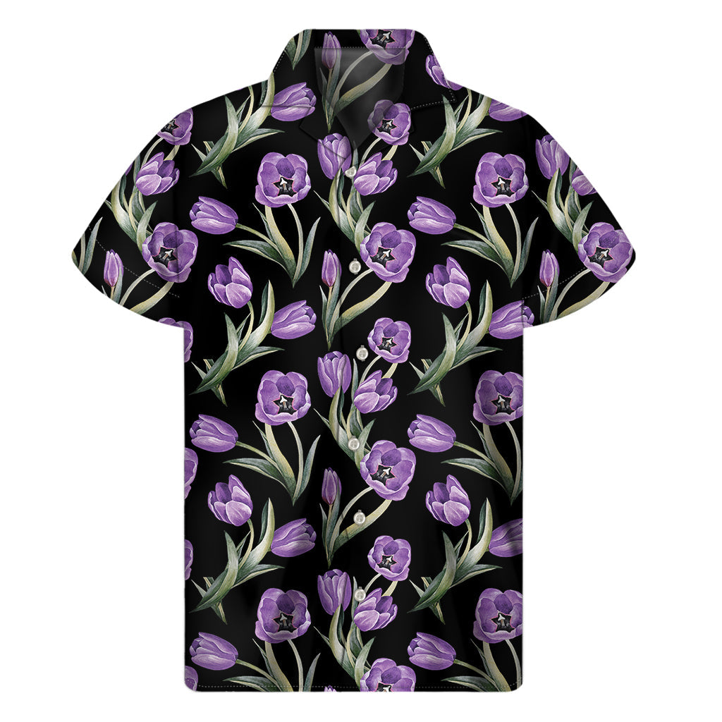 Purple Watercolor Tulip Pattern Hawaiian Short Sleeve Shirt - 1