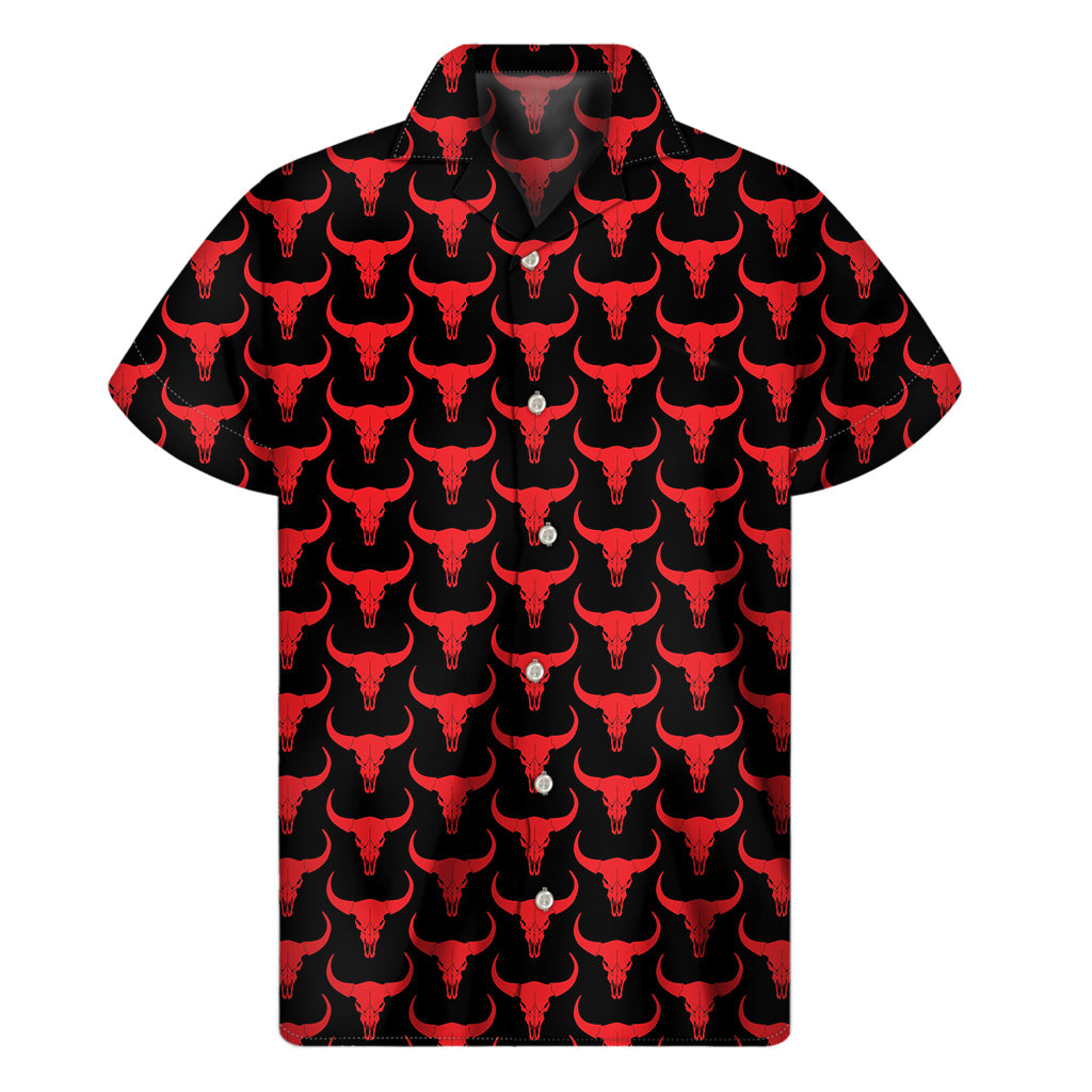Red and Black Bull Skull Hawaiian Print Short Sleeve Shirt - 1