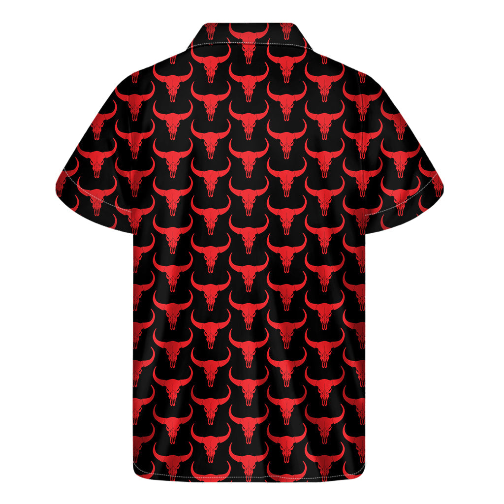 Red and Black Bull Skull Hawaiian Print Short Sleeve Shirt - 2