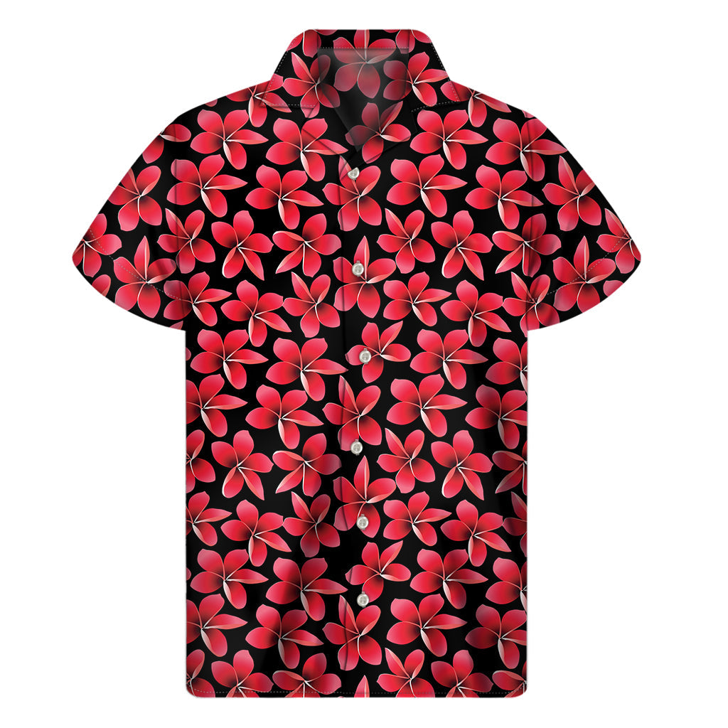 Tropical Vibes: Red and Black Frangipani Pattern Men's Hawaiian Short Sleeve Shirt - 1