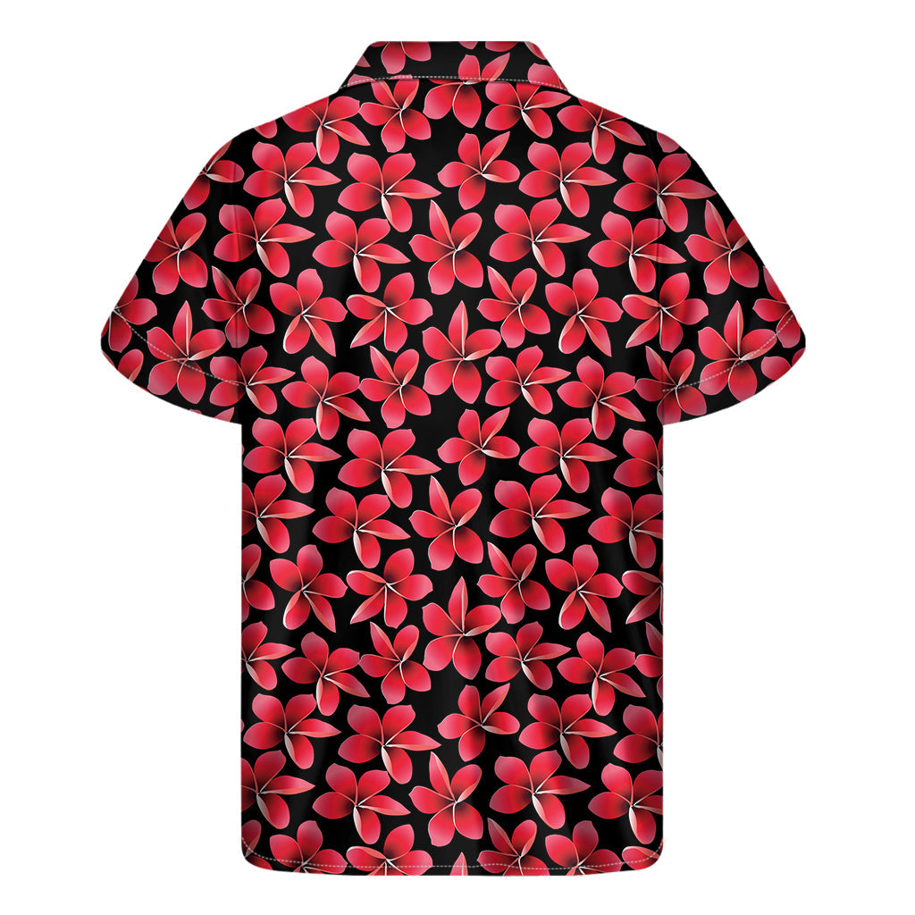 Tropical Vibes: Red and Black Frangipani Pattern Men's Hawaiian Short Sleeve Shirt - 2