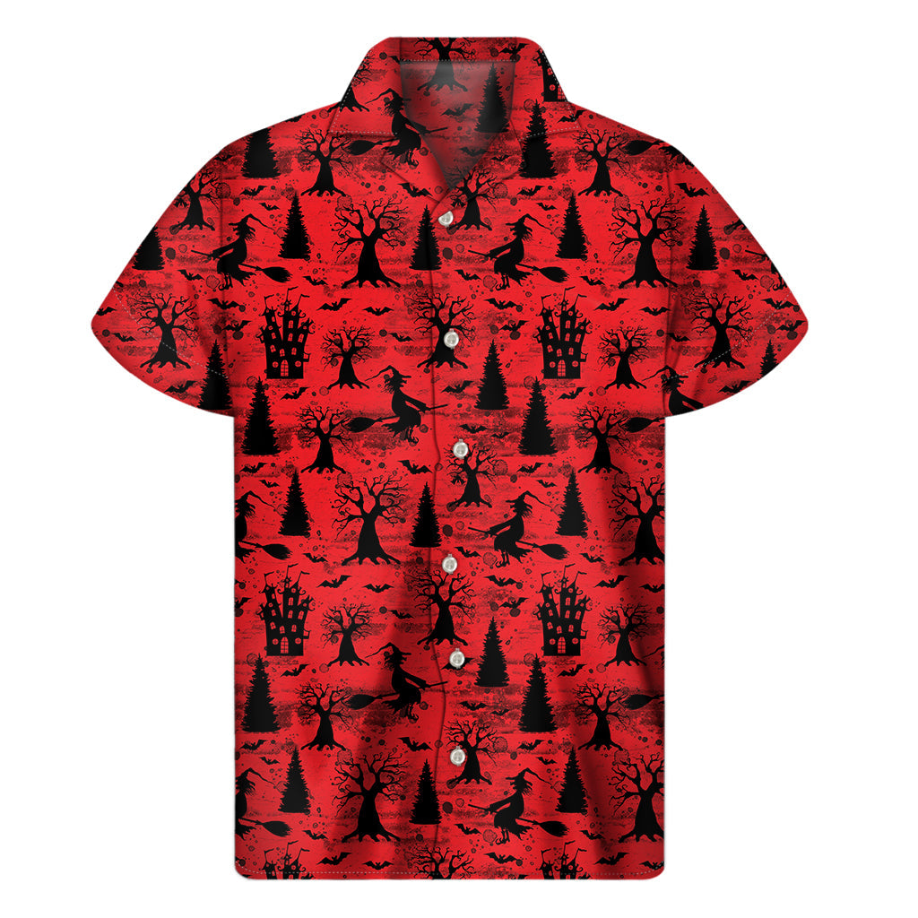 Red and Black Witchy Hawaiian Print Short Sleeve Shirt - 1